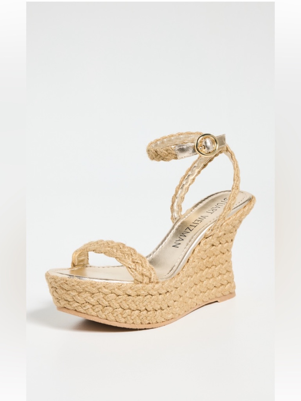 Stuart Weitzman Women’s Brada Strap Gold/Natural Espadrille Wedge Sandals—9.5